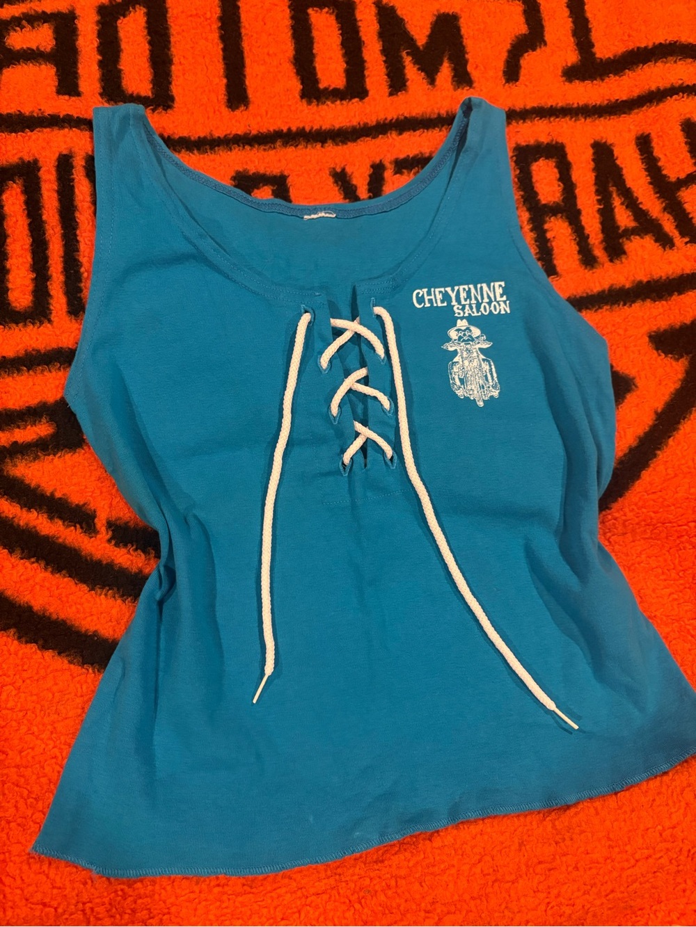 1995 Cheyenne saloon Lace-Up Tank Top in Teal Blue